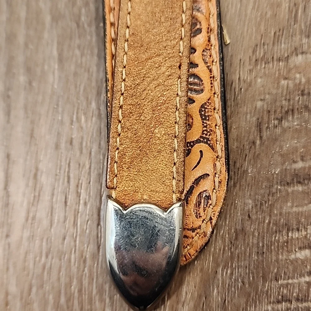 Vintage Levi's Western Tooled Cow Hide Leather Belt Silver Tone Buckle size 38